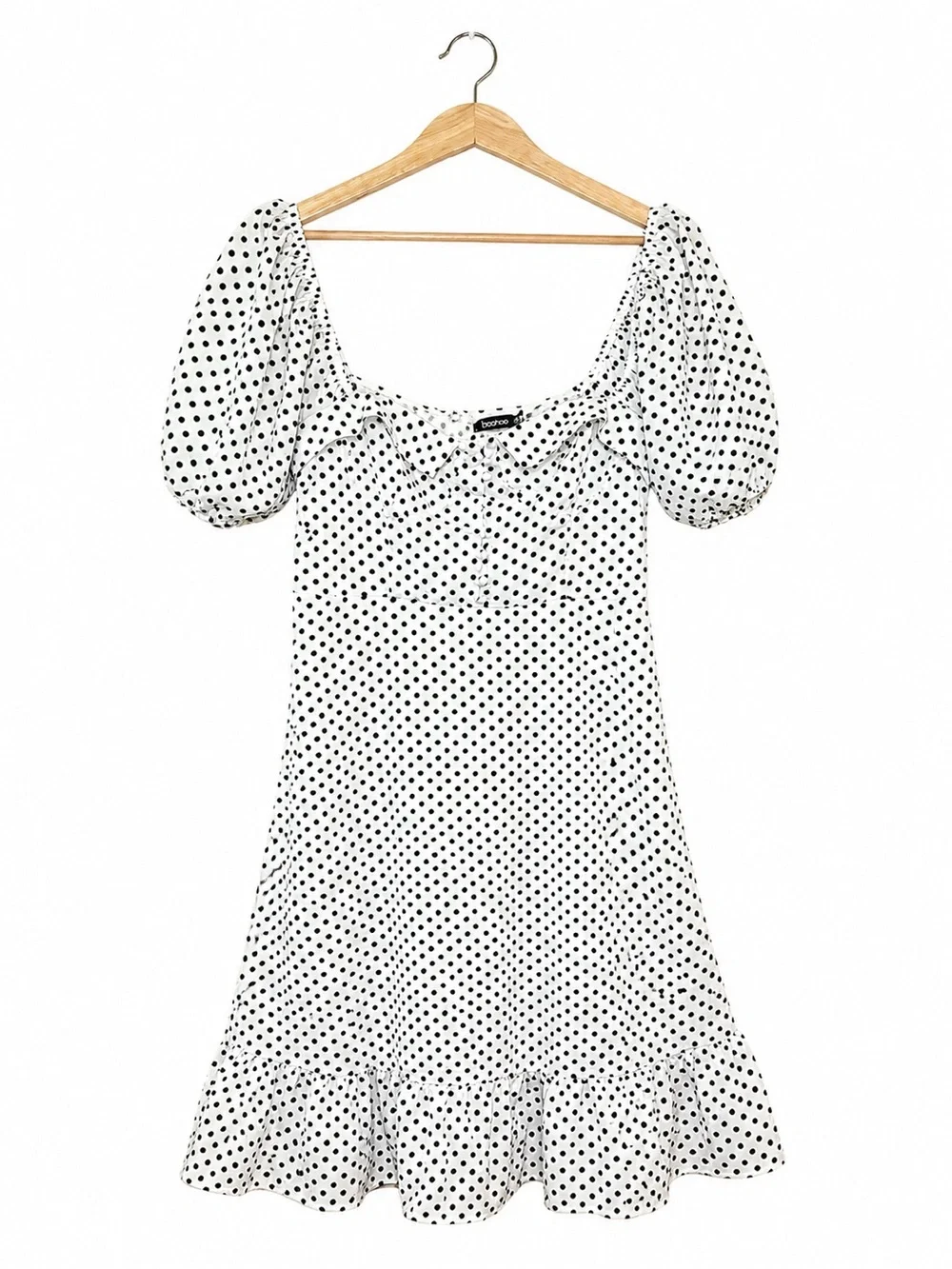 Boohoo Polka Dot Mini Dress | Puff Sleeve Babydoll Dress | French Girl Style - Picture 2 of 12